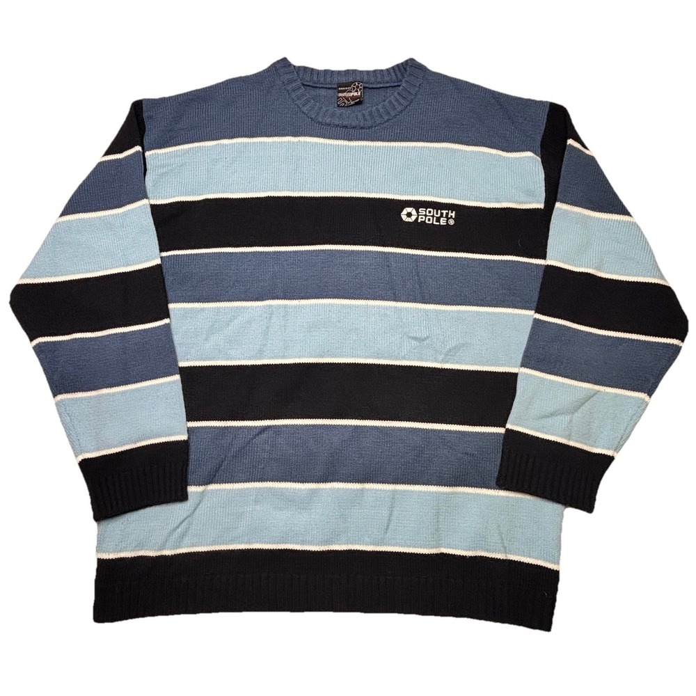 South Pole Y2K Striped Knit Sweater XXL Blue Black Oversized Streetwear Grandpa